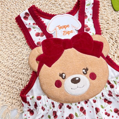 Banho de Sol Bordado - Ursinha com Cerejinhas - Vermelho